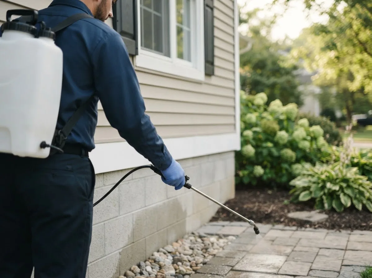 Pest control technician inspecting a home in Eddyville, IL